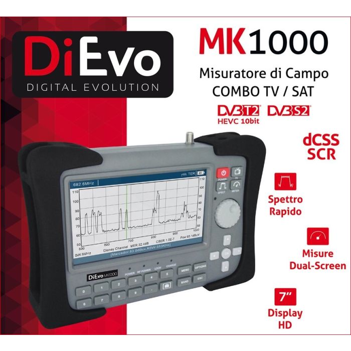 Misuratore di campo combo DIEVO MK1000 DVB-S2/DVB-T2 H.265 HEVC 10Bit dCSS  Dolby - IMPIANTISTICA