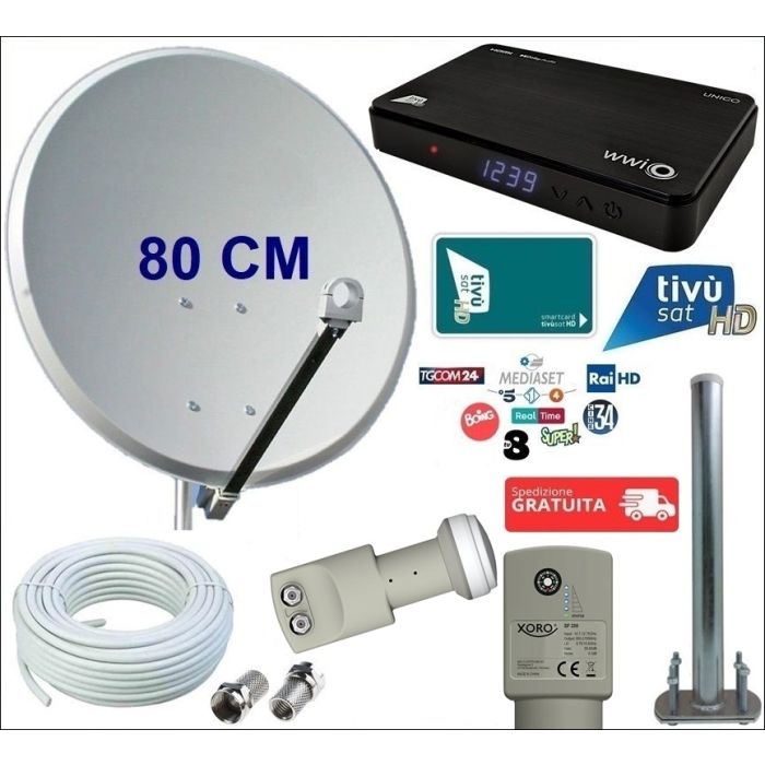 KIT SATELLITE:PARABOLA 80 CM LNB 2 SATELLITI CAVO FINDER STAFFA SPINOTTI (CM 60